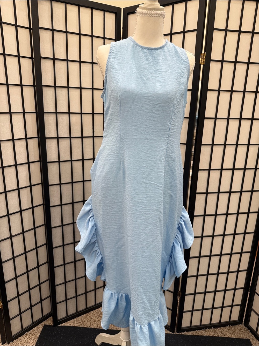 Never worn- Sleeveless Light Blue Ruffle-Trim Midi Dress with pockets!